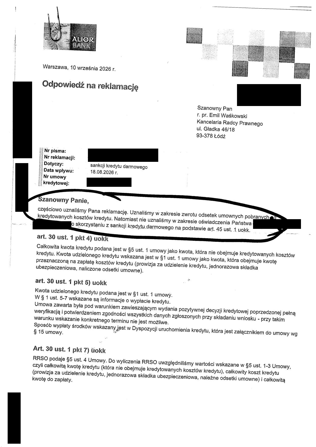 Odpowiedź Alior Banku z 10 września 2026 r. na oświadczenie o sankcji kredytu darmowego: bank częściowo uznaje reklamację i zwraca odsetki od kredytowanych kosztów