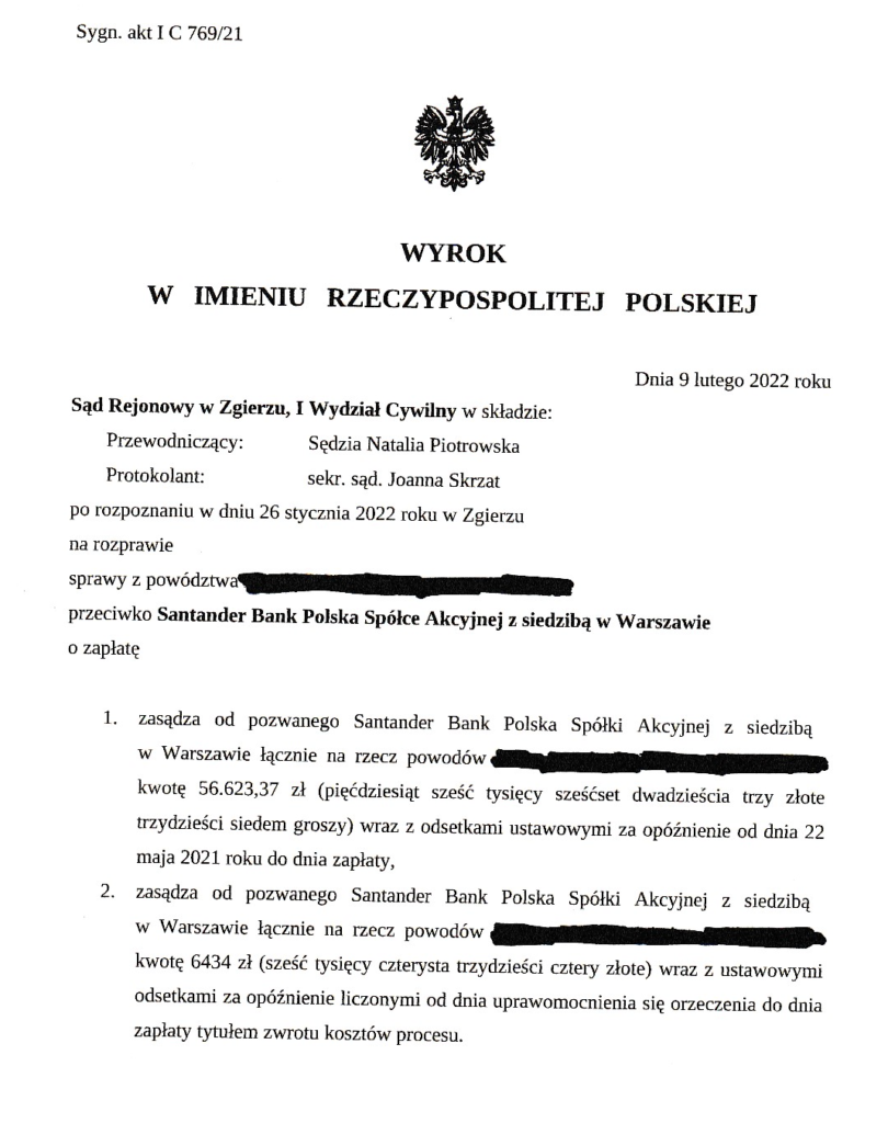 wyrok przeciwko Santander Bank Polska S.A. (dawny Kredyt Bank)